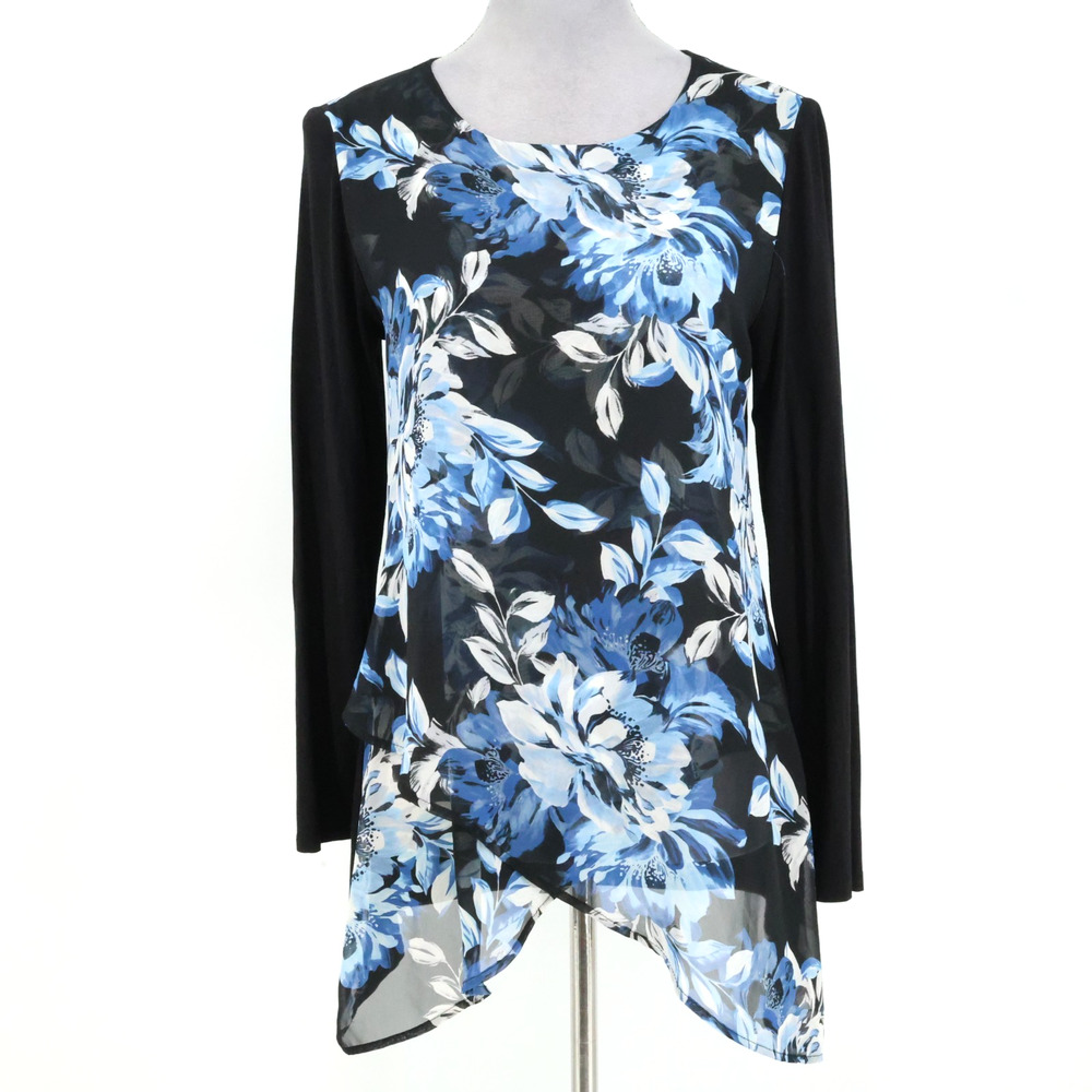 Chicos Top 0 Womens Small 4 Black Blue Floral Chiffon Blouse Sharkbite Hem